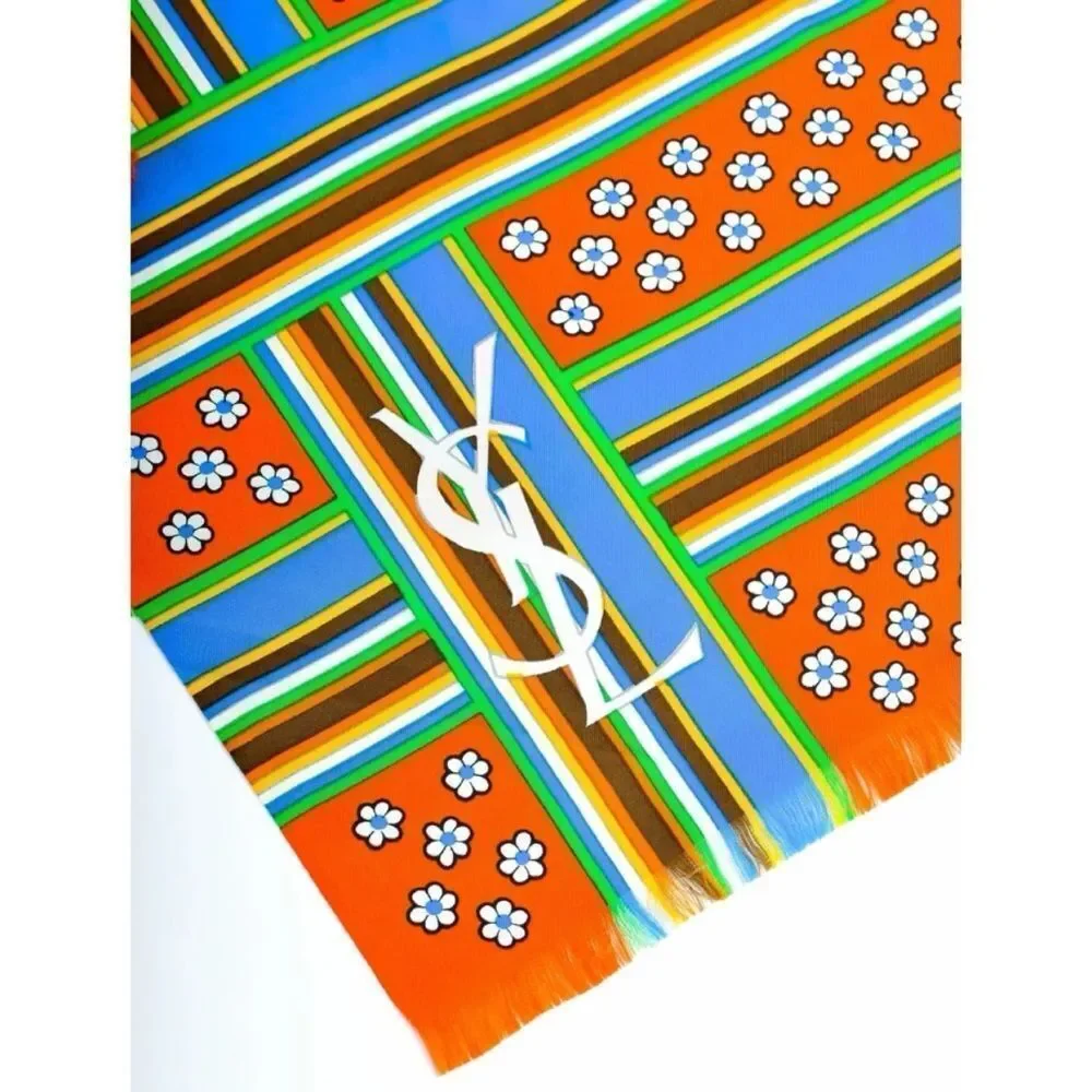 Vintage Yves Saint Laurent Rétro Bright Multicolor Floral Striped Silk Scarf